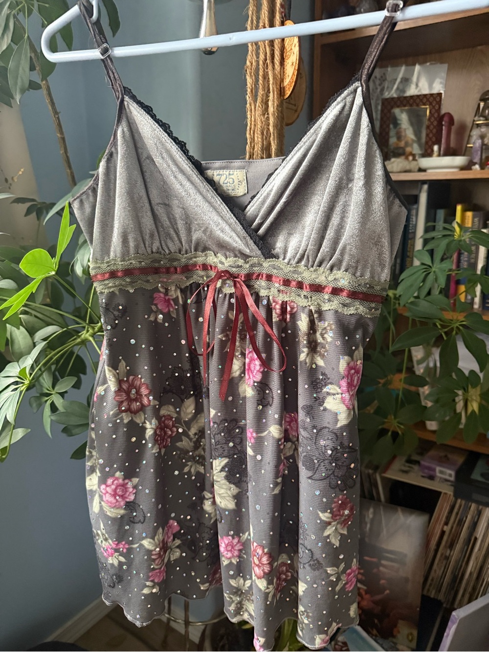 Floral Satin & Lace Night Chemise in Gray with Pink Accents